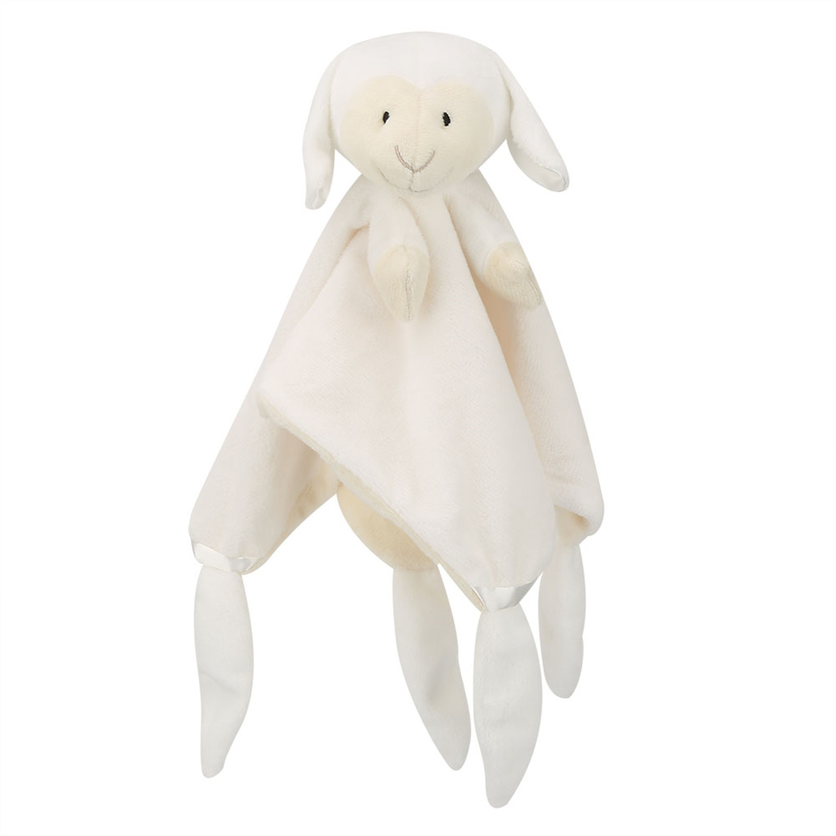 Ein weiches, weißes, lammförmiges Baby-Kuscheltuch. Es hat einen Lammkopf, Arme, Beine und einen deckenartigen Körper. Der Hintergrund ist weiß.