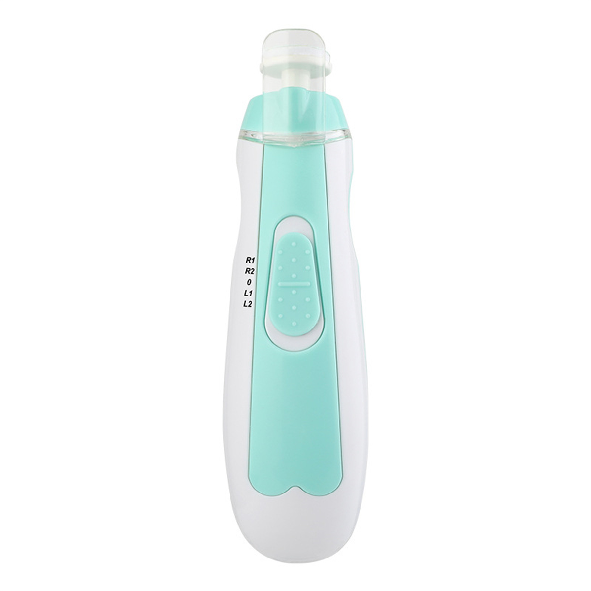 Ein weiß-türkisfarbener Baby-Nageltrimmer. Er hat eine transparente Spitze und eine türkisfarbene Mitte mit Knöpfen und Geschwindigkeitseinstellungen.