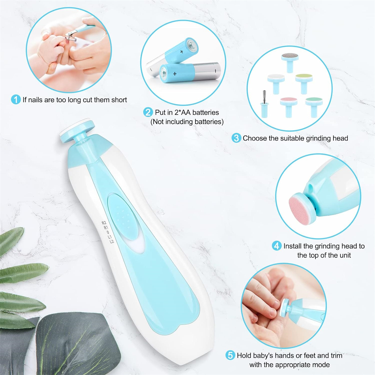 Das Bild zeigt einen Baby-Nageltrimmer mit Anweisungen. Enthält Trimmerteile, Batterien und Anwendungsschritte.