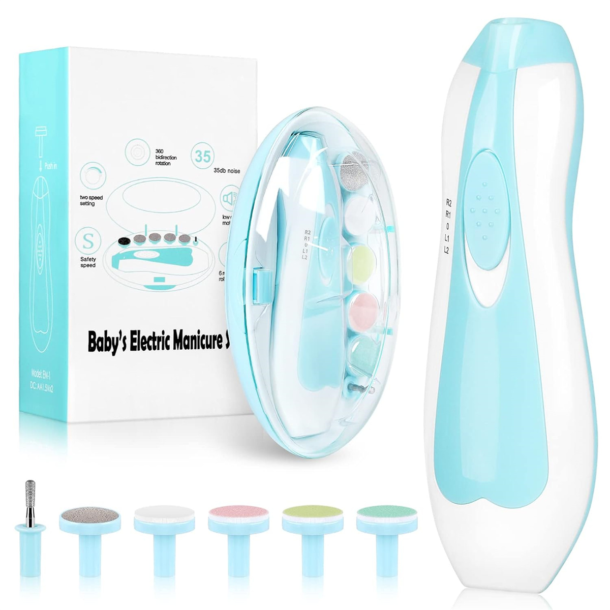 Ein elektrisches Maniküre-Set für Babys wird gezeigt, einschließlich des Hauptgeräts, Zubehörs und der Verpackung. Das Set ist hellblau und weiß.