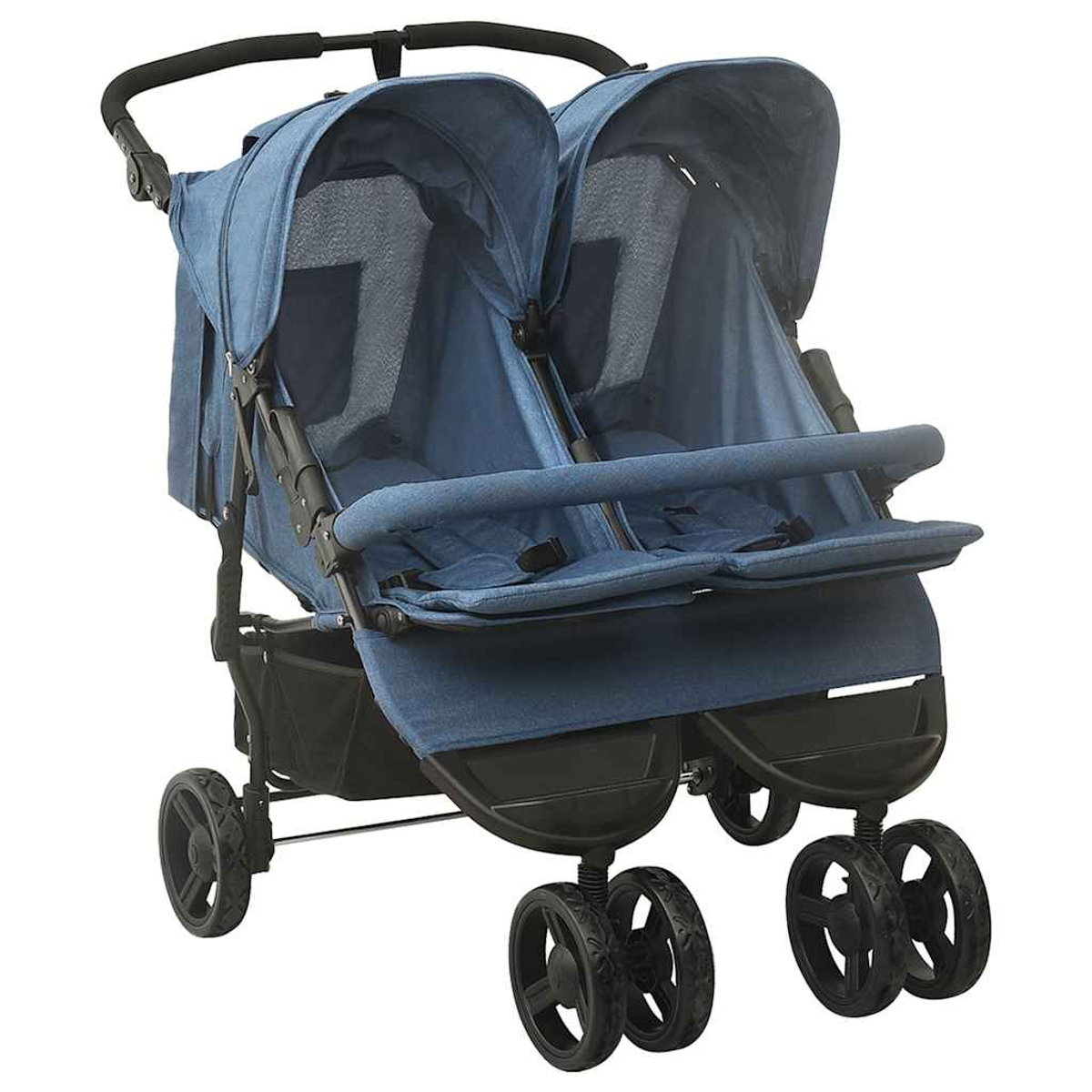 Ein blauer Zwillingskinderwagen ist abgebildet. Er hat zwei Sitze mit Verdecken und schwarze Räder. Der Griff ist schwarz.