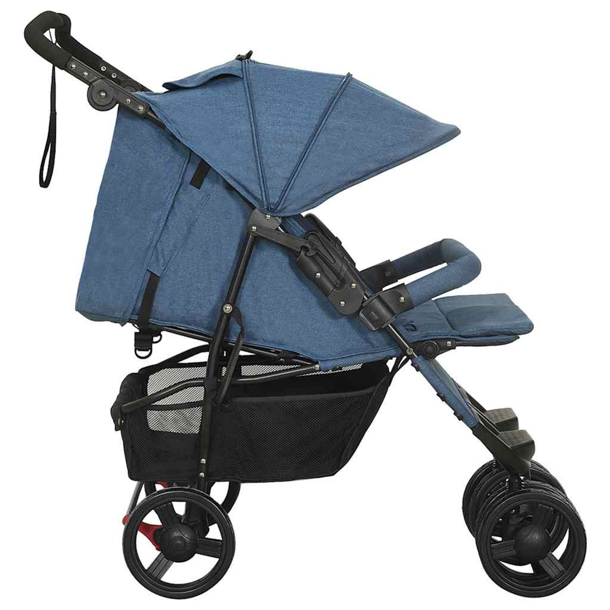 Blauer Kinderwagen mit schwarzem Rahmen, Korb und Rädern. Hat ein Sonnensegel, einen Griff und einen Sitz. Die Räder haben eine rote Mitte.