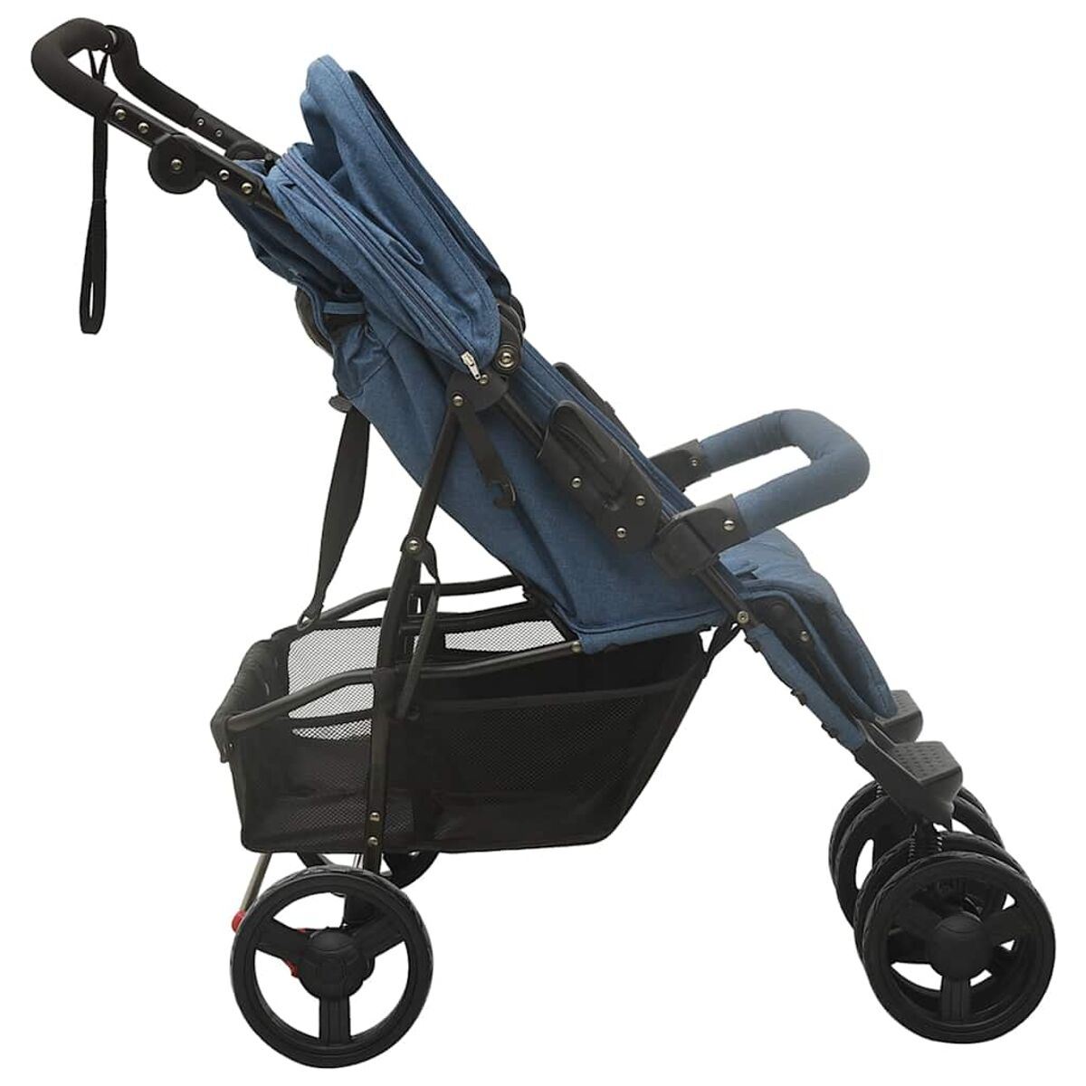 Ein blauer Kinderwagen mit schwarzem Rahmen und Rädern. Er hat einen Aufbewahrungskorb darunter und einen Griff oben.