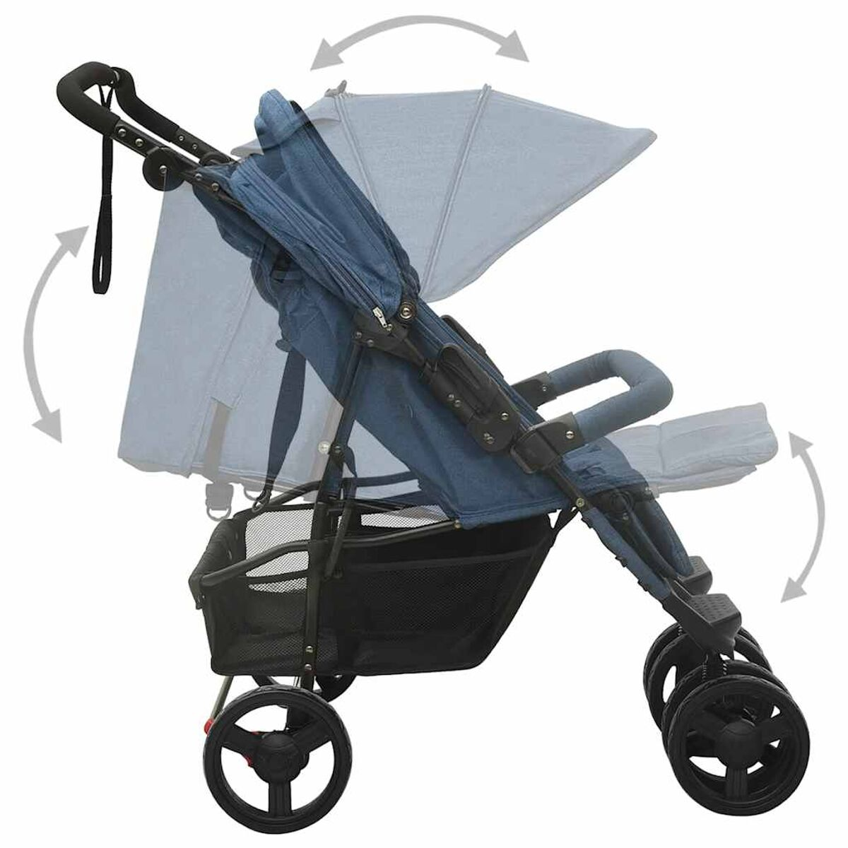 Ein blauer Kinderwagen mit schwarzen Rädern und einem Sonnensegel. Pfeile zeigen verstellbare Teile. Ein Korb befindet sich unter dem Sitz.