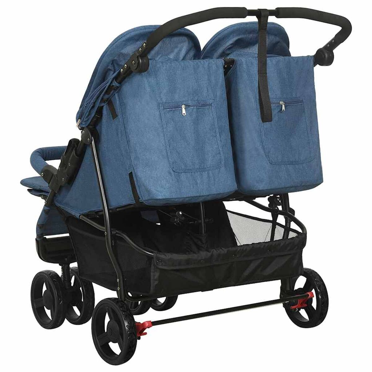 Ein blauer Zwillingskinderwagen mit schwarzem Gestell und Rädern. Er hat Aufbewahrungstaschen und ein Sonnensegel. Die Räder sind schwarz.