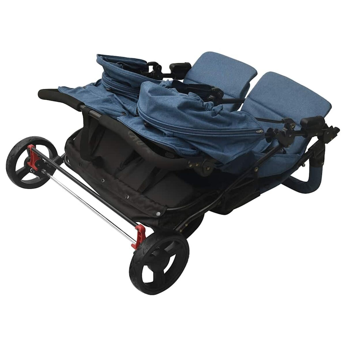 Ein blauer und schwarzer Doppelkinderwagen ist schräg positioniert. Er hat zwei Sitze, Räder und einen Stauraum. Der Hintergrund ist weiß.
