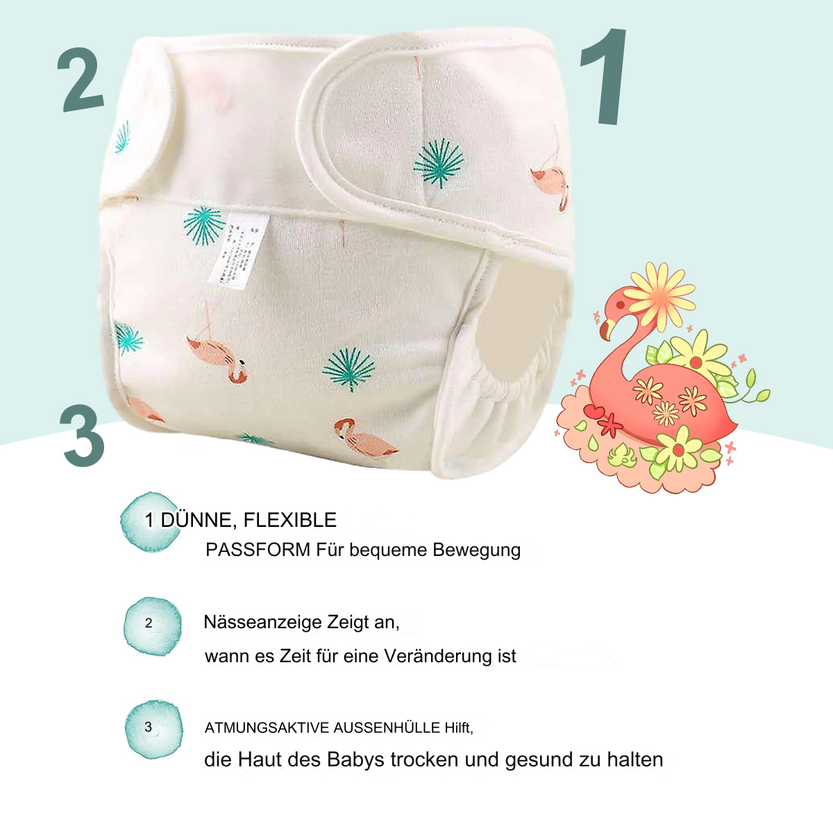Eine weiße Babywindel mit Flamingo- und Blättermustern. Ein Flamingo-Cartoon und Textblasen mit deutschen Beschreibungen sind sichtbar.
