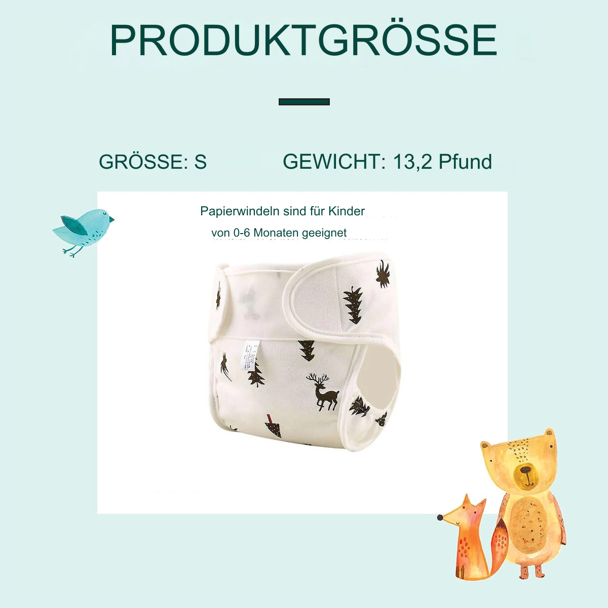 Eine weiße Windel mit schwarzen Waldmustern. Text: Produktgröße, Größe: S, Gewicht: 13,2 Pfund, geeignet für 0-6 Monate.