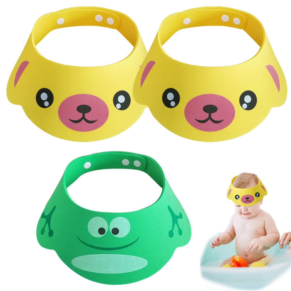 Das Bild zeigt drei Baby-Badevisiere. Zwei gelbe Visier mit Bärengesicht und ein grünes Visier mit Froschgesicht. Ein Baby mit Visier in einer Wanne.