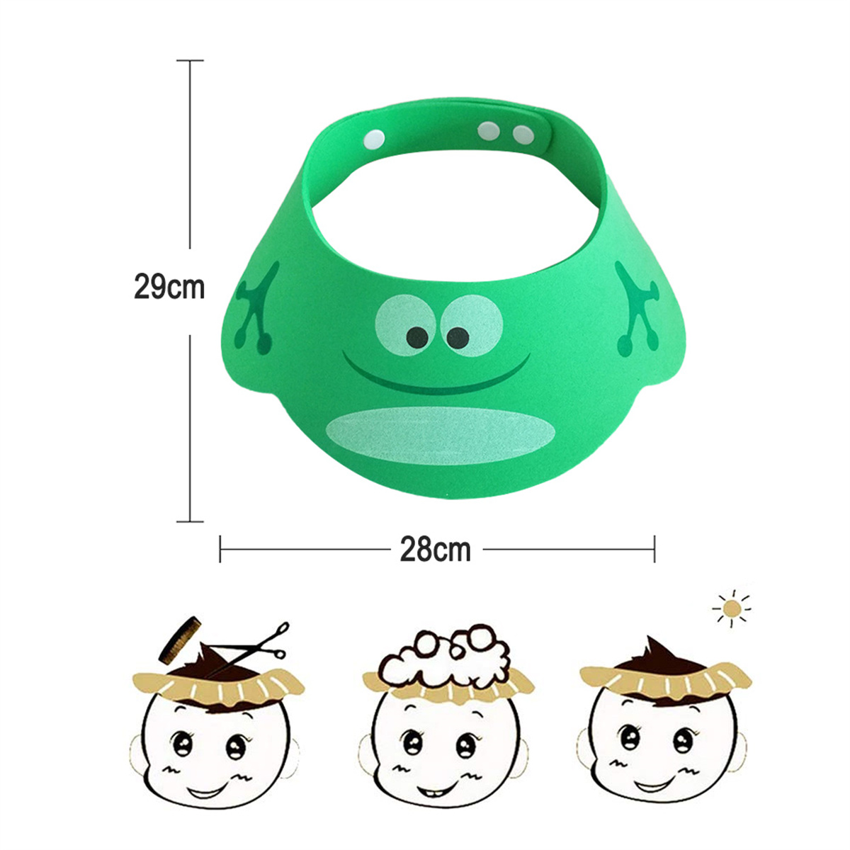 Eine grüne, froschförmige Baby-Duschhaube mit einem Cartoon-Gesicht wird gezeigt. Die Maße sind 29 cm hoch und 28 cm breit. Drei Gesichtsillustrationen sind darunter.
