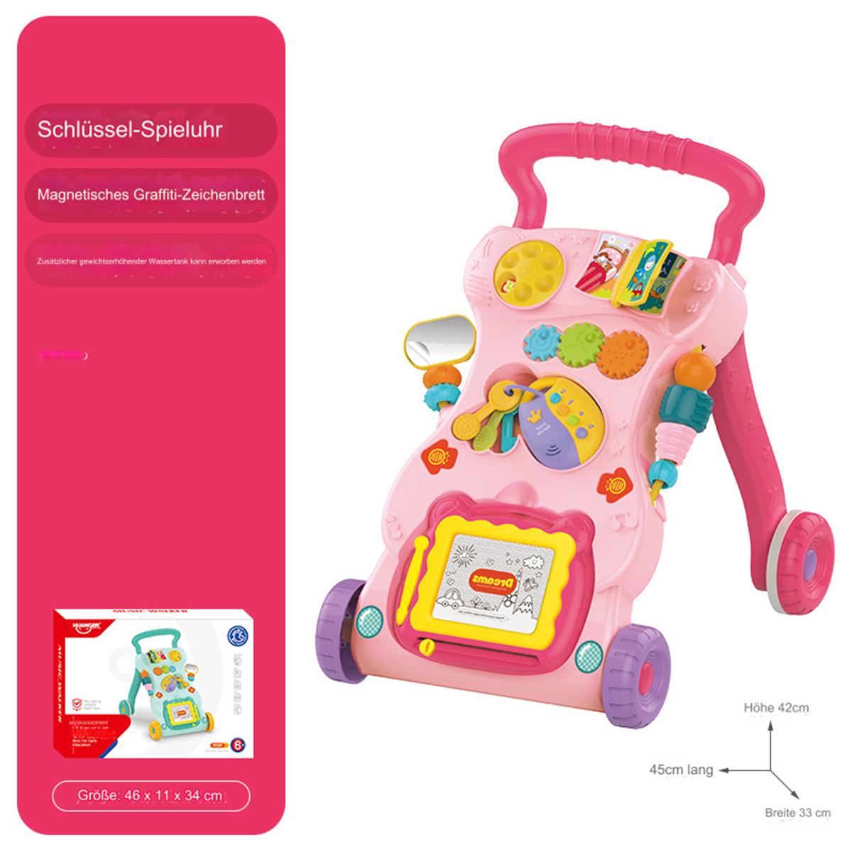 Ein rosa Baby-Lauflernwagen mit verschiedenen Spielzeugen, darunter Zahnräder, ein Spiegel und eine Zeichenfläche. Er hat einen Griff und Räder.