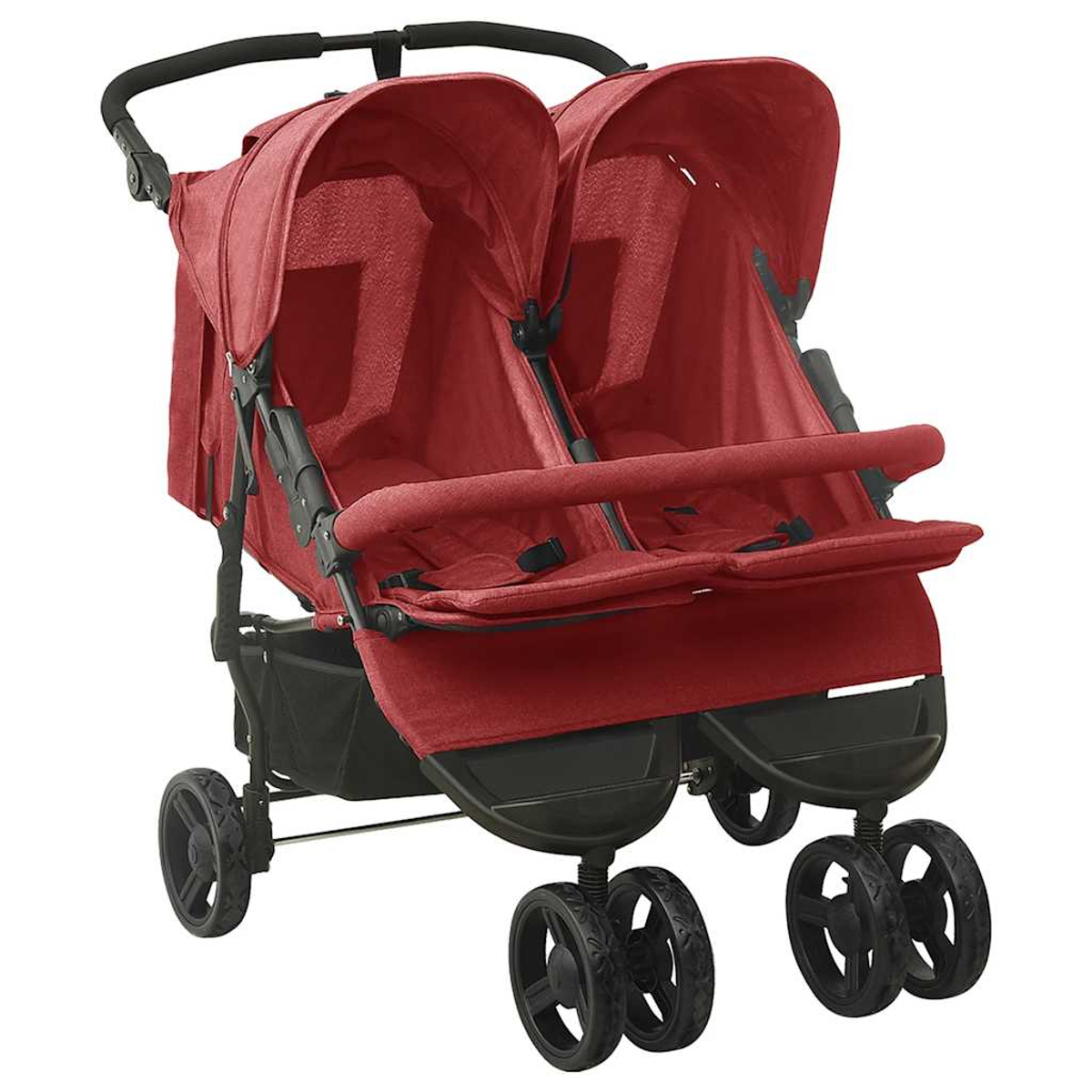 Ein roter Doppelkinderwagen mit schwarzem Rahmen und Rädern. Der Kinderwagen hat zwei Sitze mit Verdecken und eine gemeinsame Frontstange.
