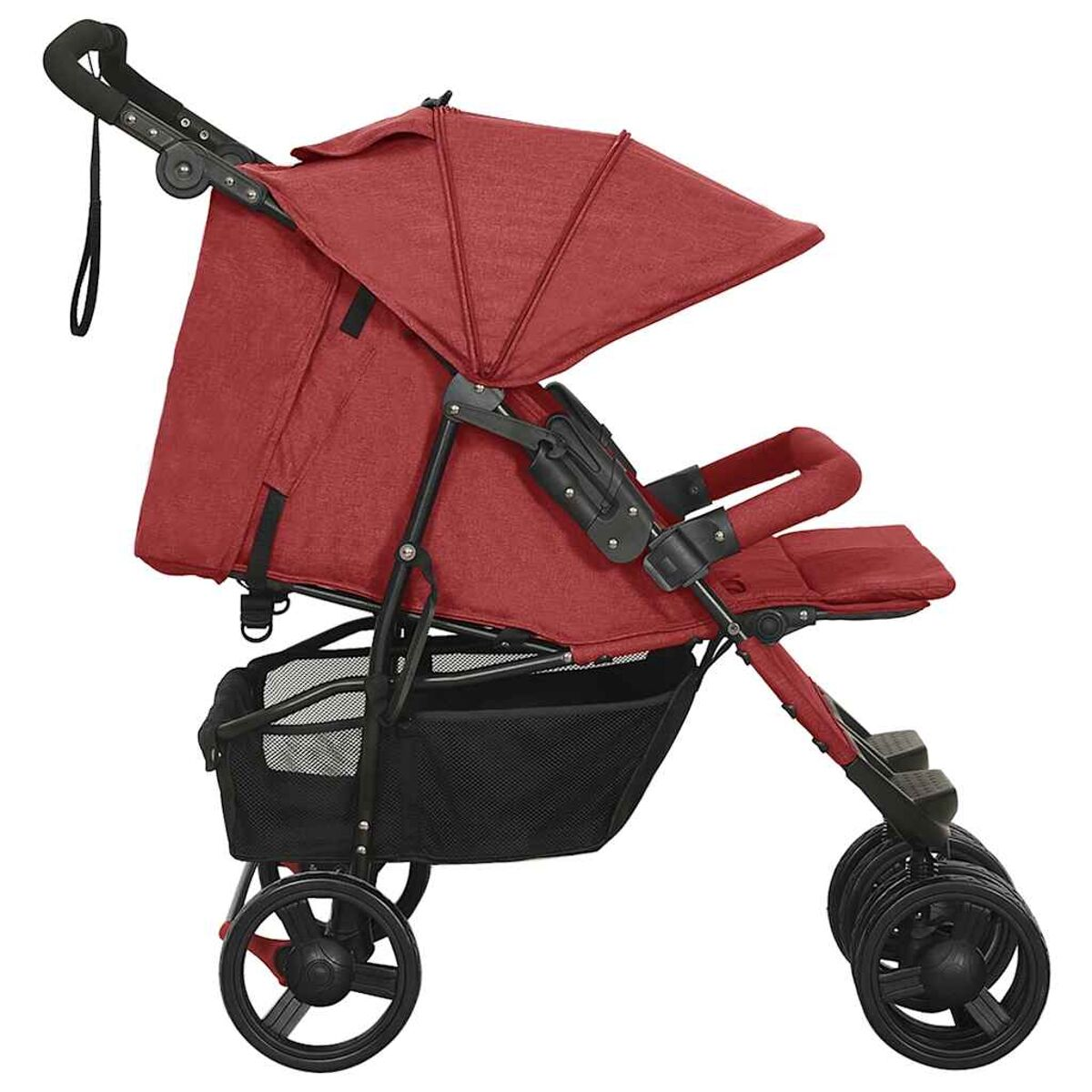 Ein roter Kinderwagen mit schwarzem Rahmen. Er hat ein Verdeck, einen Korb und vier Räder.