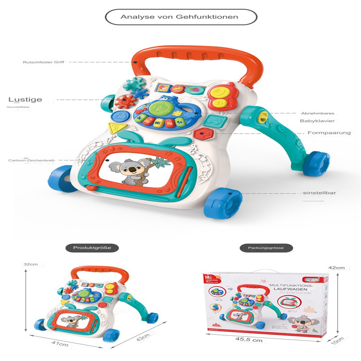 Ein weißer und bunter Babywalker mit Koala-Illustration. Er hat verschiedene interaktive Funktionen und einen Griff.