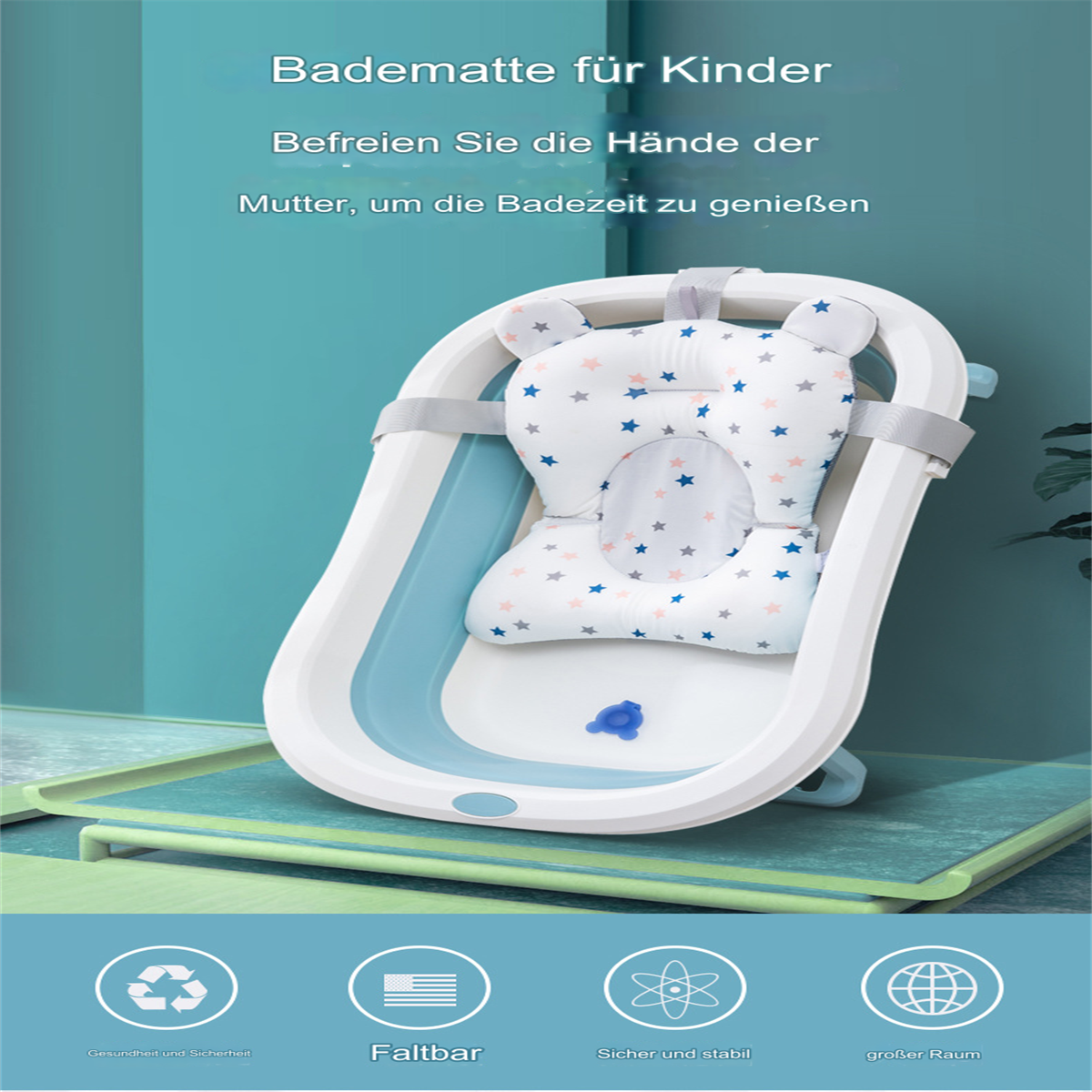 Eine Babybadewanne mit sternförmiger Kopfstütze. Die Wanne ist weiß und blau, auf einer grünen Oberfläche, mit deutschem Text.