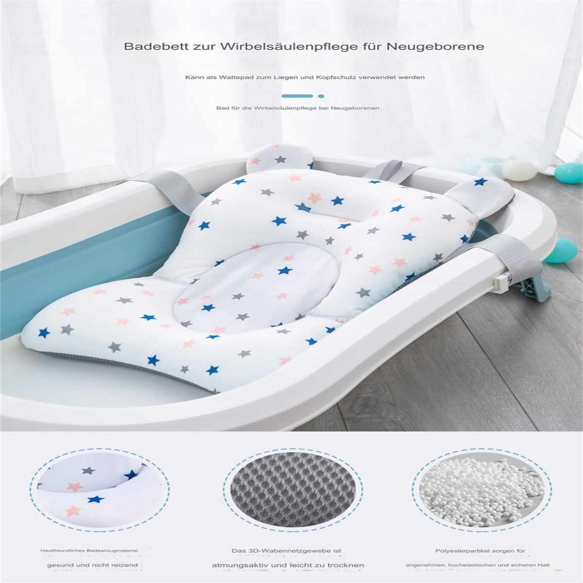 Ein Babybad mit einem sternförmigen Kissen. Das Kissen befindet sich in einer weißen Wanne. Im Hintergrund sind einige Bälle.