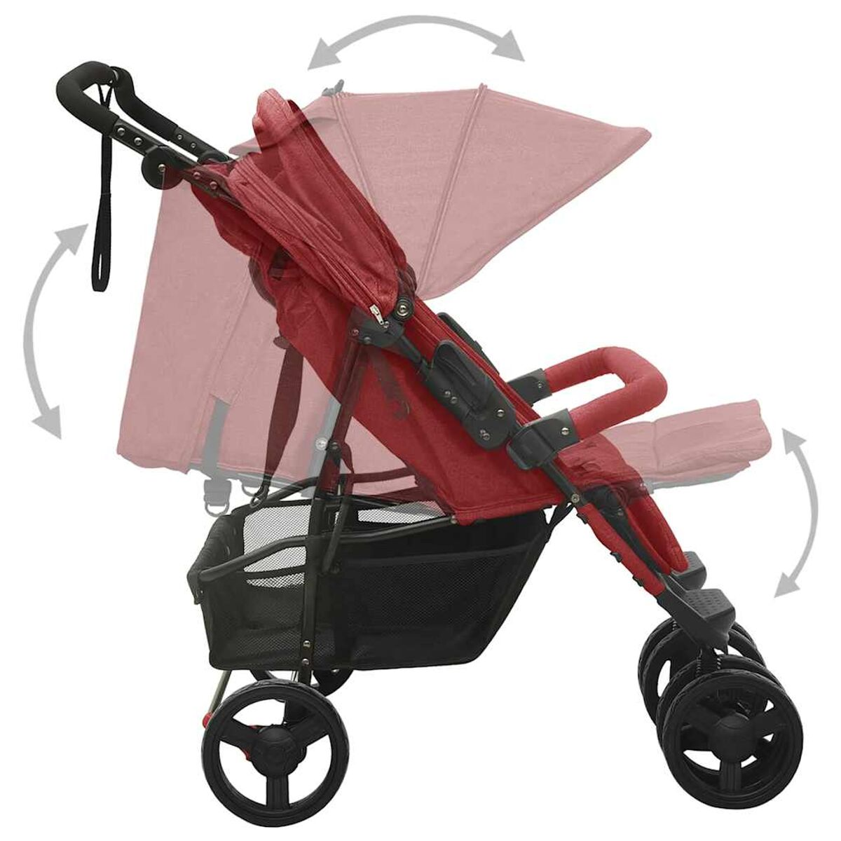 Ein roter Kinderwagen wird in verschiedenen Positionen gezeigt, wobei Pfeile die Bewegung anzeigen. Er hat einen schwarzen Korb und Räder.