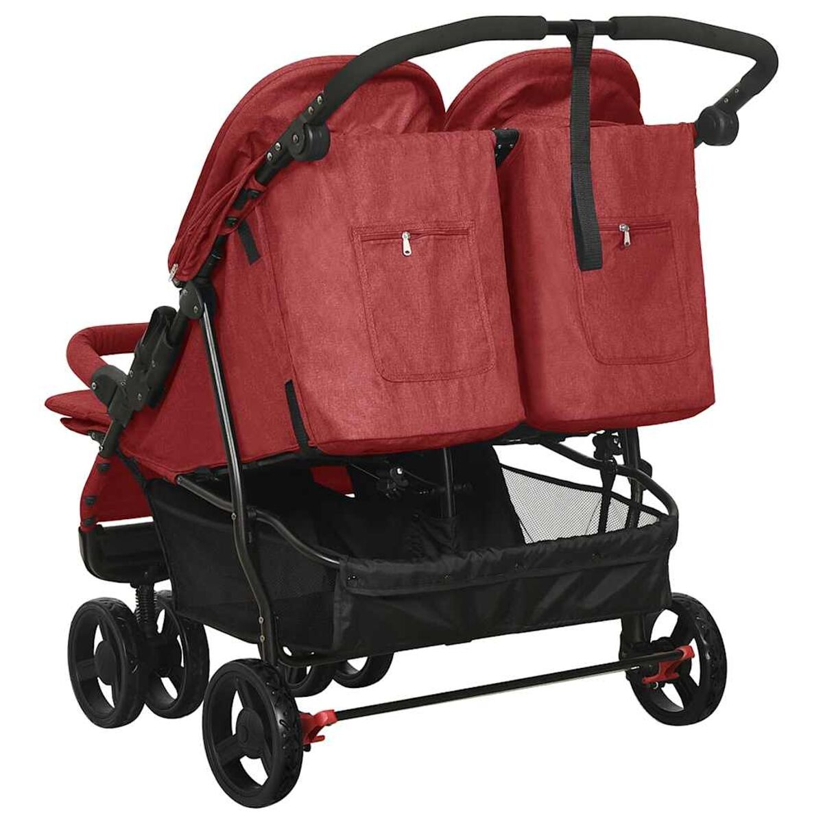 Ein roter Doppelkinderwagen mit schwarzem Rahmen und Rädern. Er hat zwei rote Aufbewahrungstaschen und einen schwarzen Netzkorb.