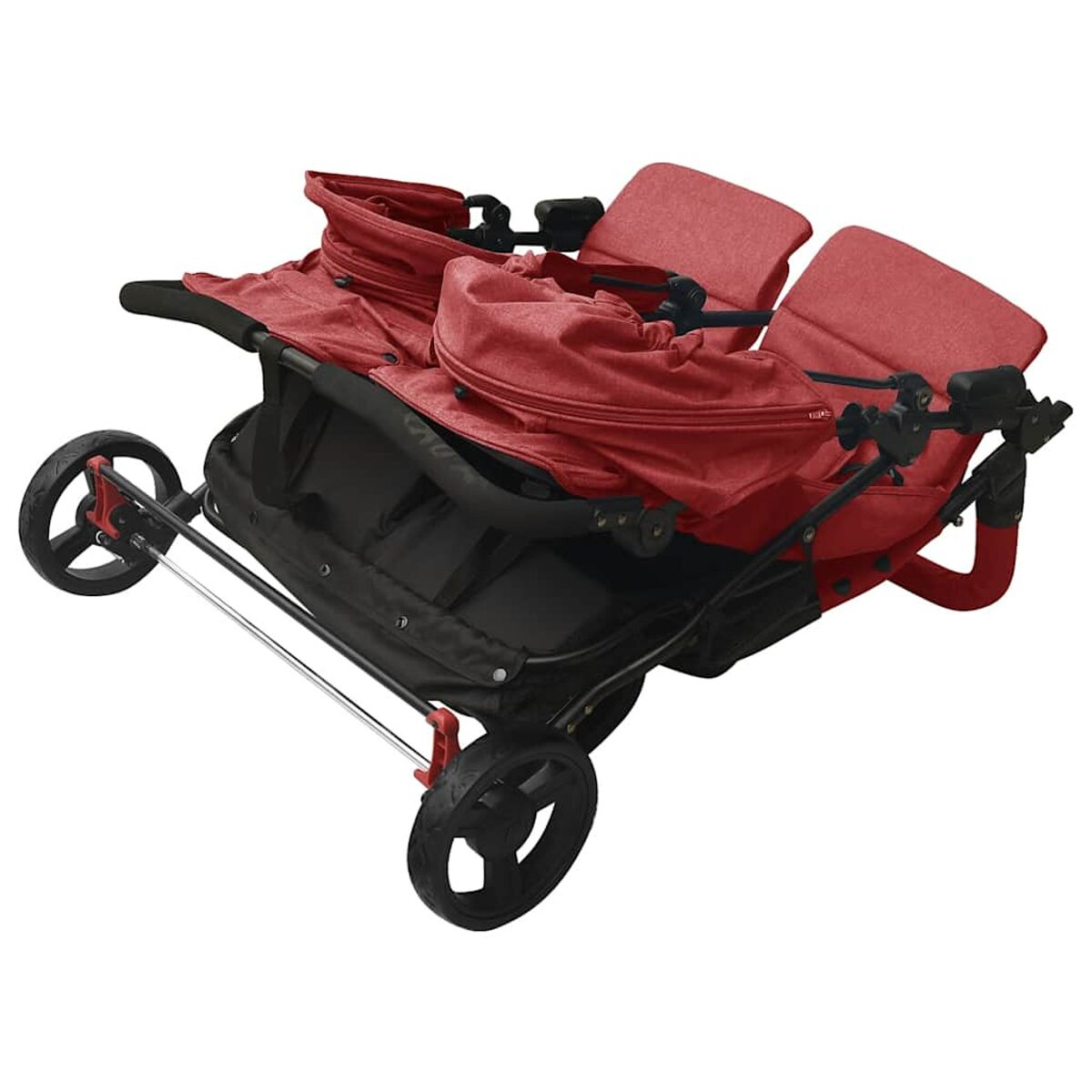 Ein roter Zwillingskinderwagen mit schwarzen Rädern und Rahmen. Der Kinderwagen ist leer und steht auf weißem Hintergrund.