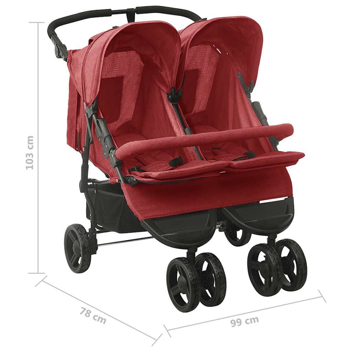 Ein roter Zwillingskinderwagen mit schwarzen Rädern. Abmessungen: 103 cm hoch, 78 cm breit und 99 cm lang.