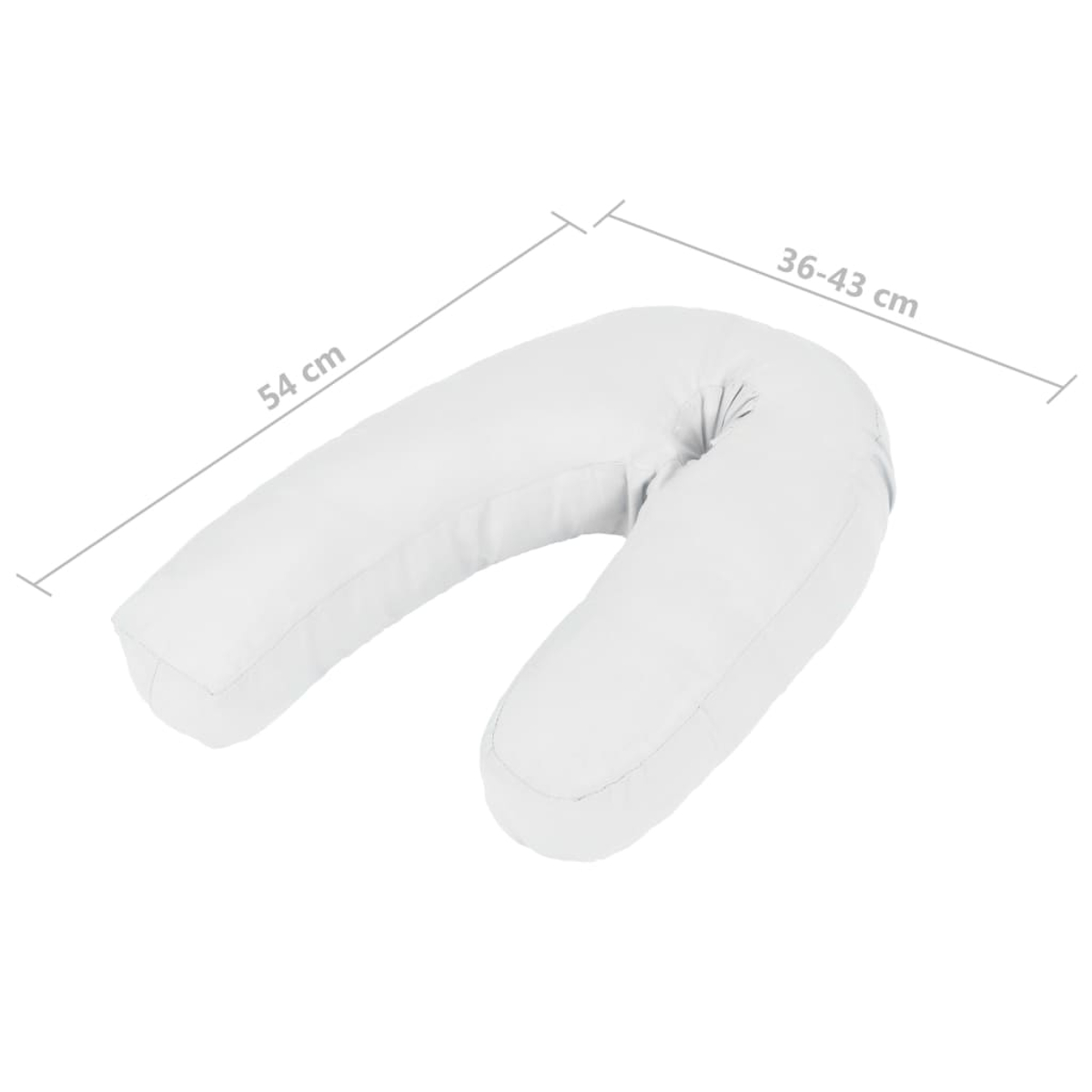 Ein weißes U-förmiges Kissen mit den abgebildeten Maßen: 54 cm und 36-43 cm. Das Kissen befindet sich auf weißem Hintergrund.