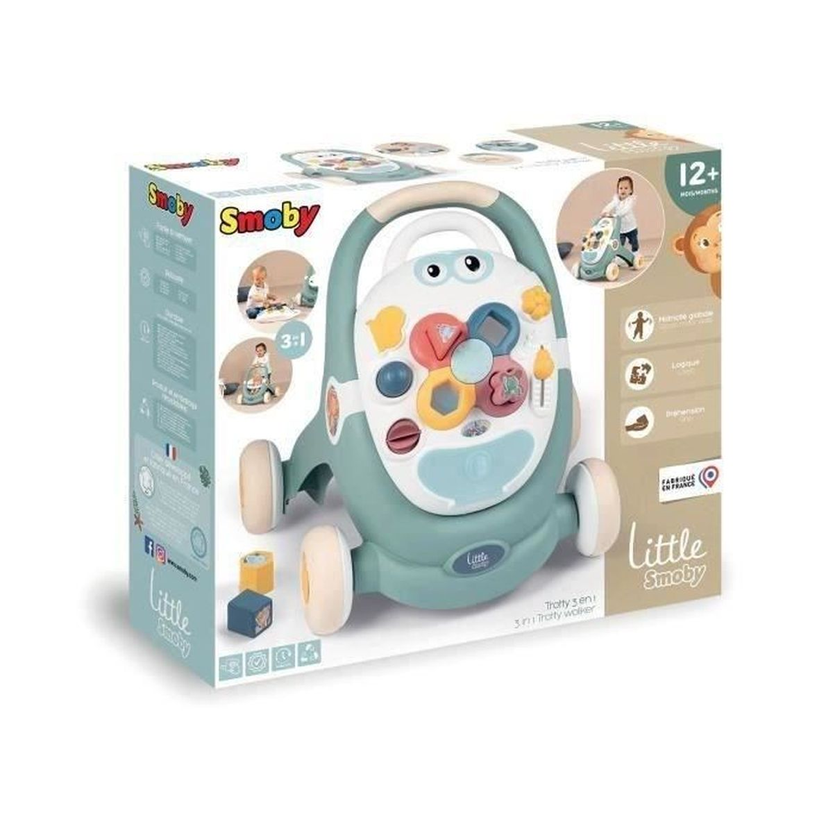Ein Smoby Little Walker-Spielzeug in seinem Karton. Es ist blaugrün und weiß mit bunten Formen und ist 3-in-1. Es ist für 12+ Monate.