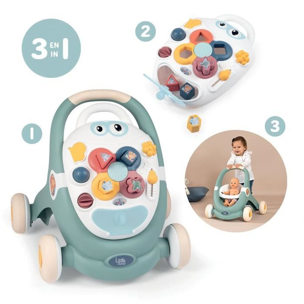 Ein Baby-Lauflernwagen und zwei weitere Spielzeuge werden gezeigt. Ein Lauflernwagen hat bunte Formen. Ein anderer Lauflernwagen hat eine Puppe.