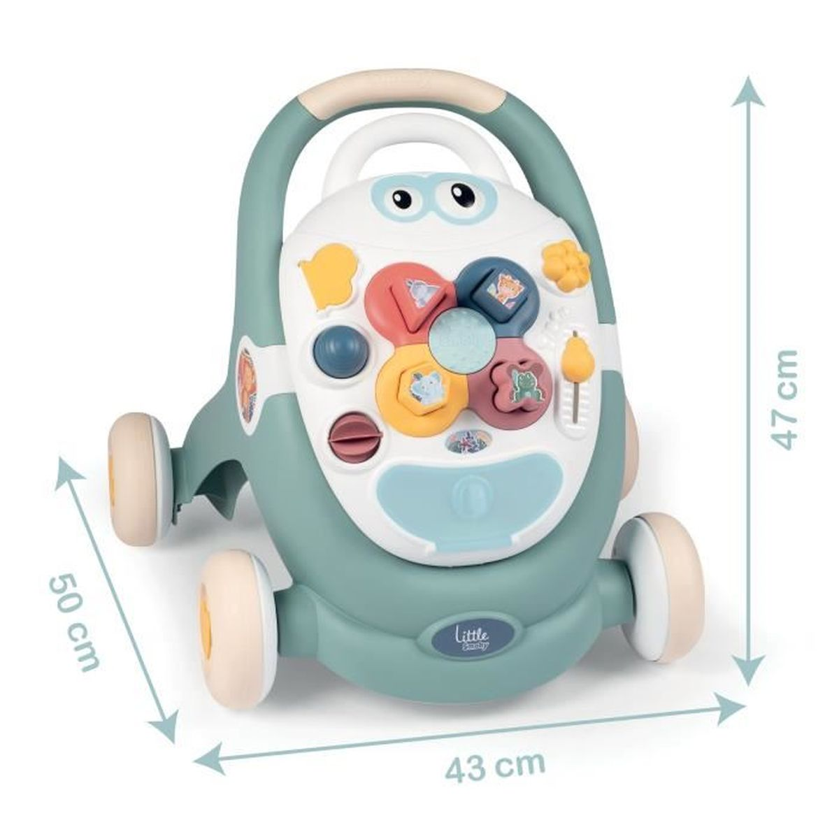 Ein blaugrüner und weißer Babywalker mit verschiedenen bunten Knöpfen und Rädern. Abmessungen sind mit Pfeilen und Zahlen angegeben.