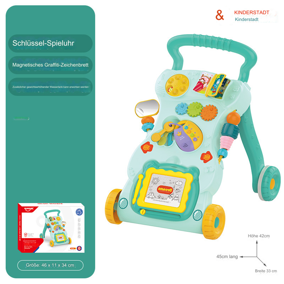 Ein mintgrüner Baby-Lauflernwagen mit Spielzeug, Rädern und Griff. Er hat bunte Knöpfe, einen Spiegel und eine kleine Zeichenfläche.