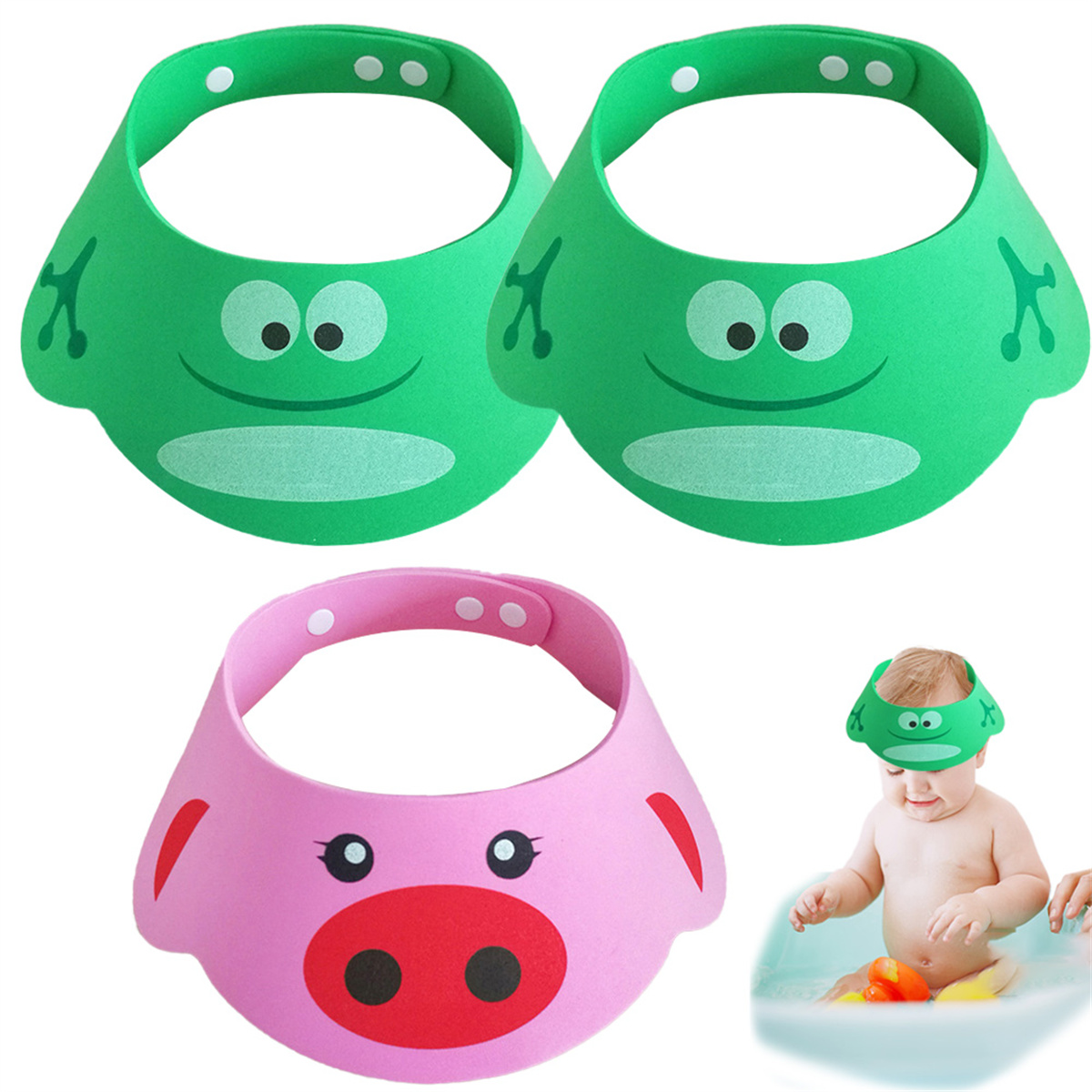 Das Bild zeigt drei verschiedene Baby-Duschhauben in Form eines Frosches und eines Schweins. Ein Baby ist in einer Badewanne.