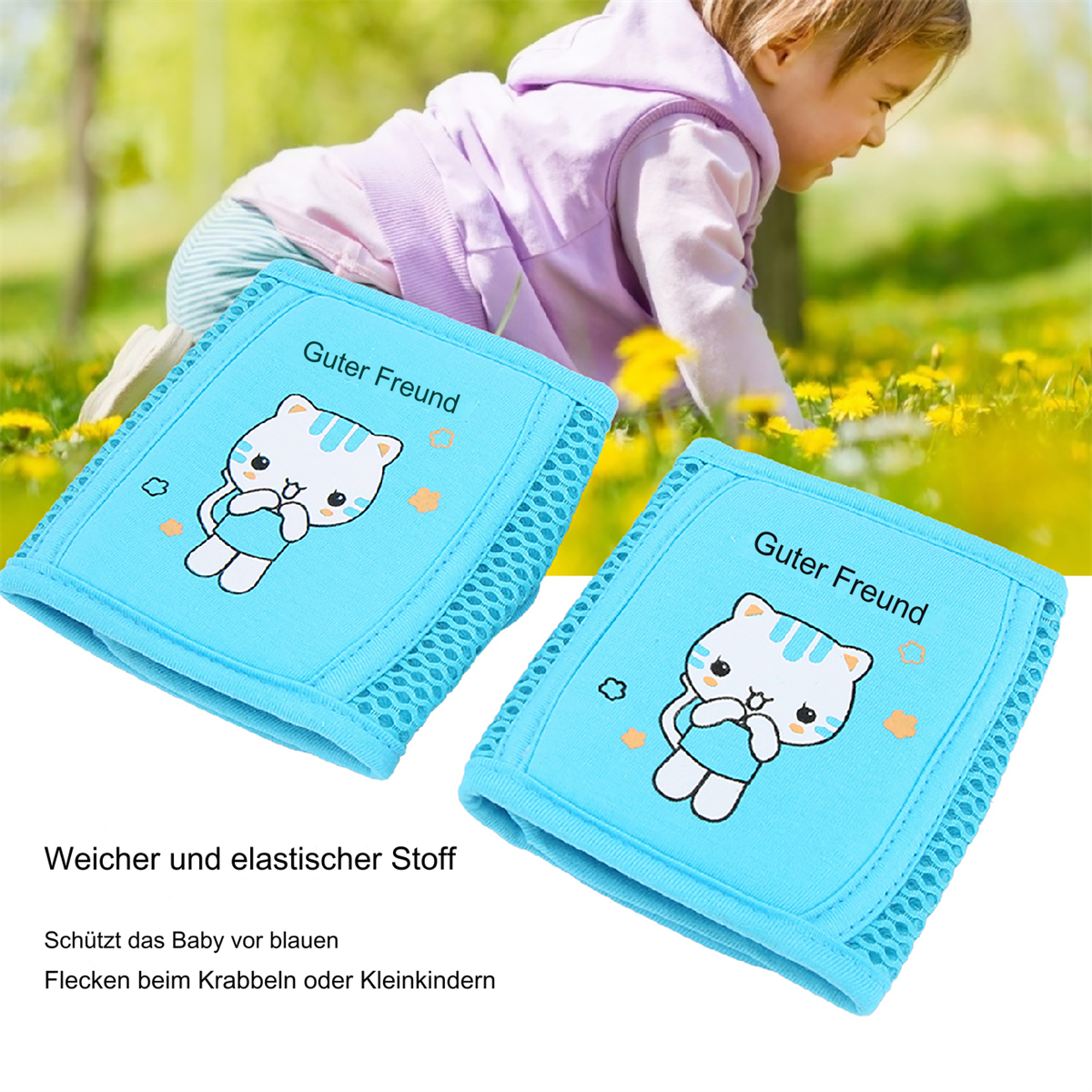 Zwei blaue Knieschoner mit Katzenillustrationen. Im Hintergrund ein Kind in einem lila Kapuzenpullover, in der Nähe von gelben Blumen.