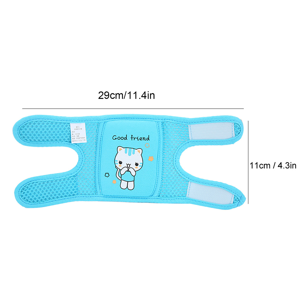 Blaue Kniebandage mit Katzenillustration und der Aufschrift 'Good friend'. Maße 29 cm/11,4 Zoll mal 11 cm/4,3 Zoll.