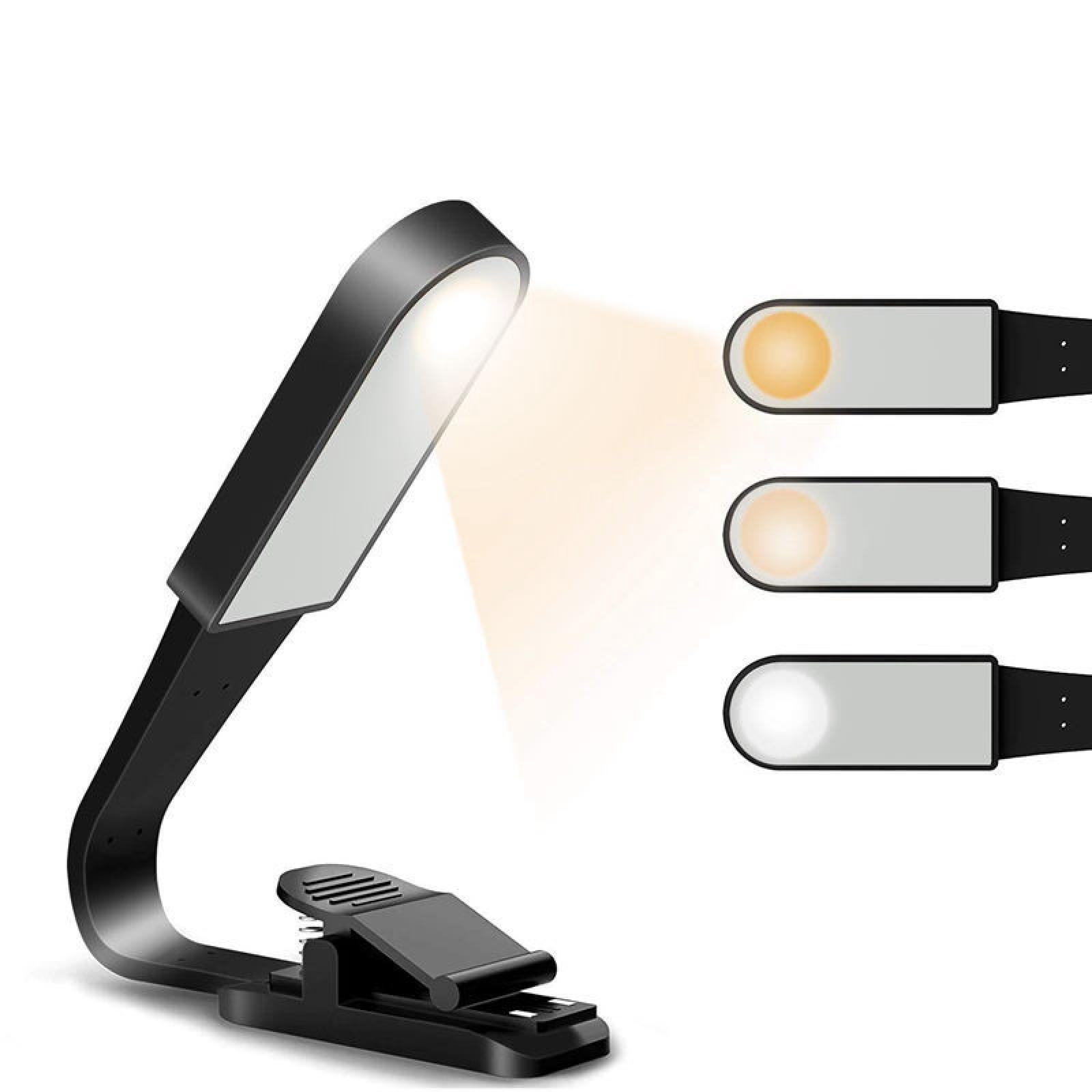 Eine schwarze LED-Buchleuchte mit drei Lichteinstellungen. Sie hat einen Clip zum Befestigen.