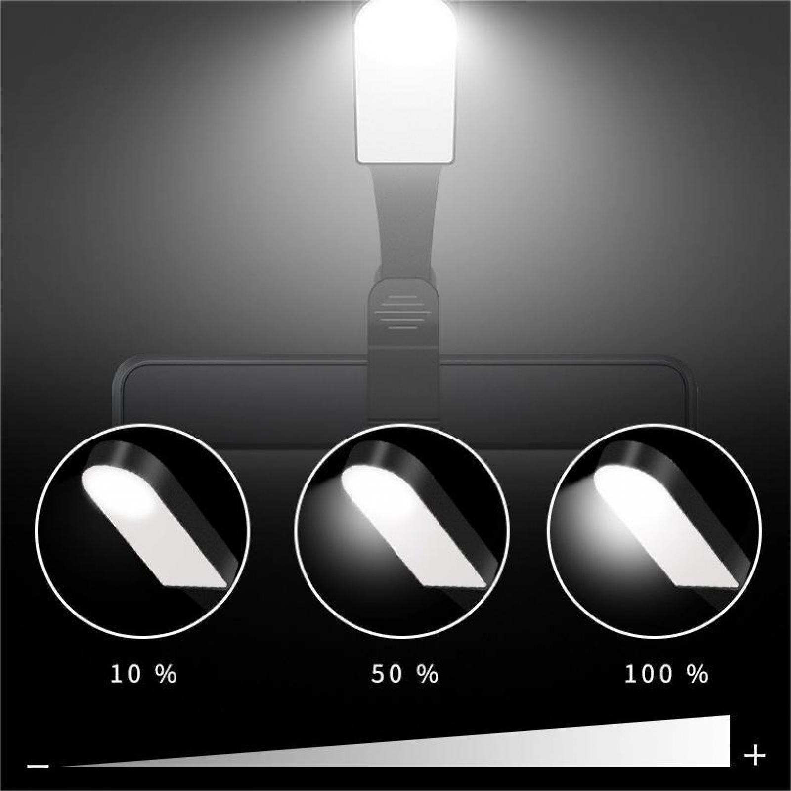 Eine Schreibtischlampe mit einstellbaren Helligkeitsstufen wird gezeigt. Die Lampe strahlt Licht nach unten. Drei Kreise zeigen die Helligkeit.