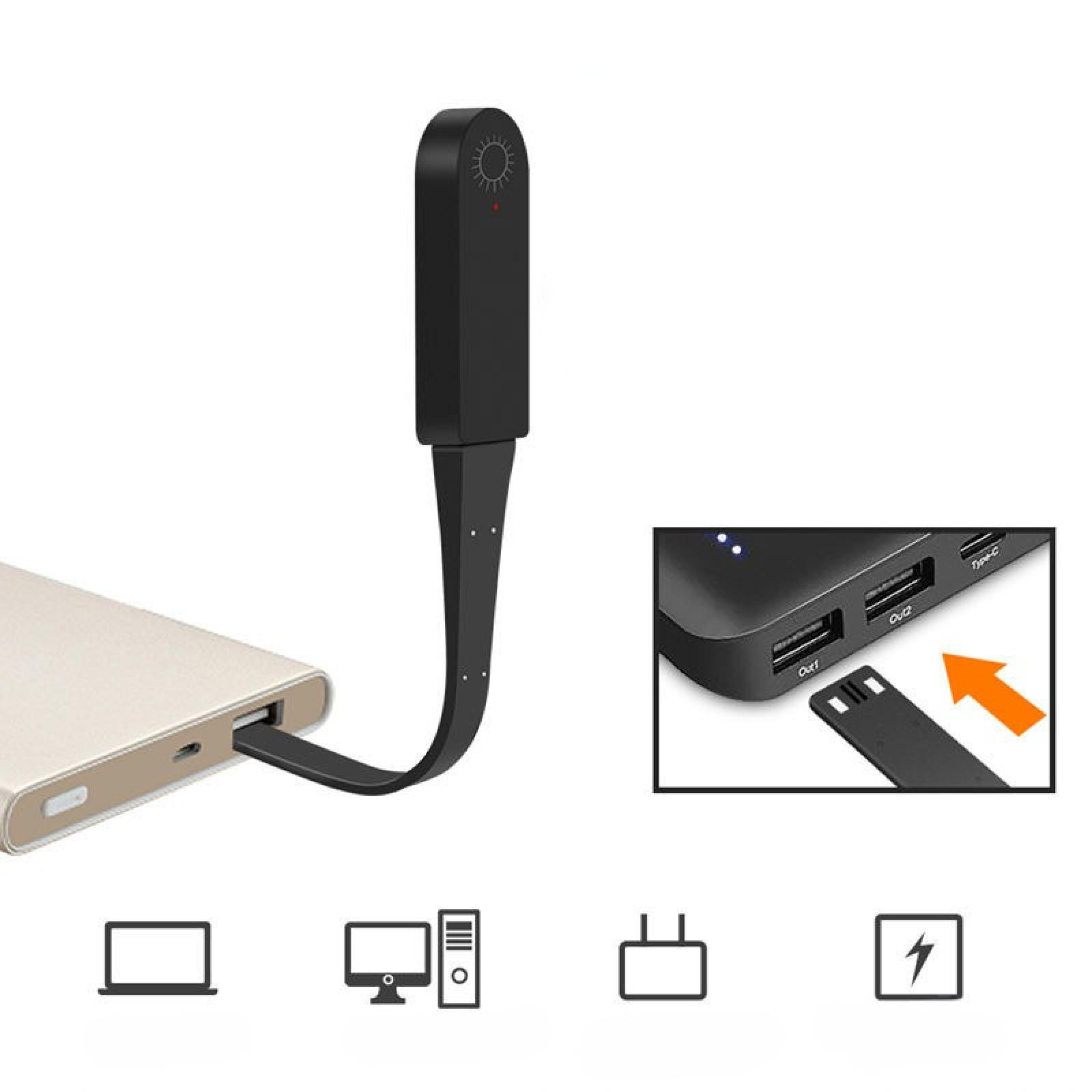 Schwarze USB-Leuchte, verbunden mit einer Powerbank. Enthält Symbole für Laptop, Desktop, Stecker und Blitz.