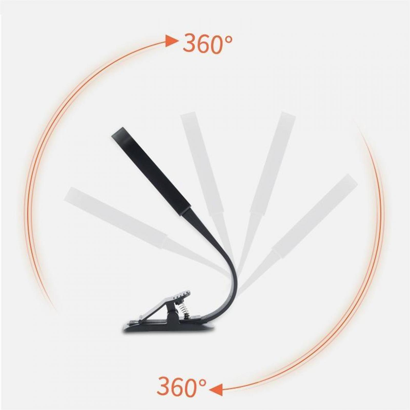 Eine flexible schwarze LED-Lampe mit Clipfuß. Eine 360-Grad-Drehung wird durch Pfeile und Text auf weißem Hintergrund angezeigt.