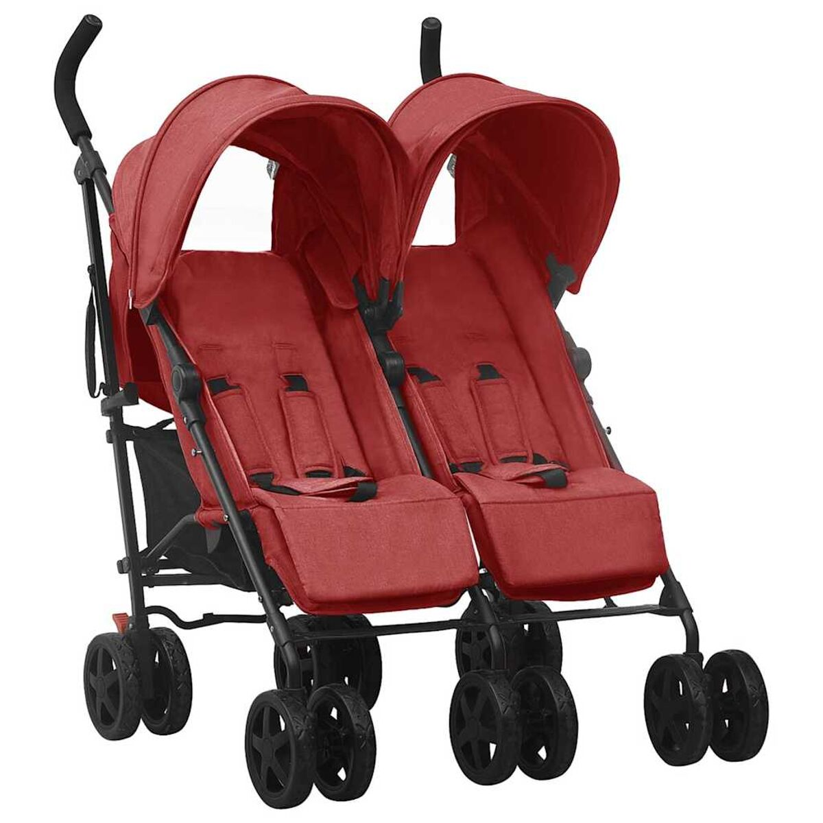 Ein roter Doppelkinderwagen mit schwarzem Rahmen und Rädern. Der Kinderwagen hat zwei Sitze mit Verdecken und Sicherheitsgurten.