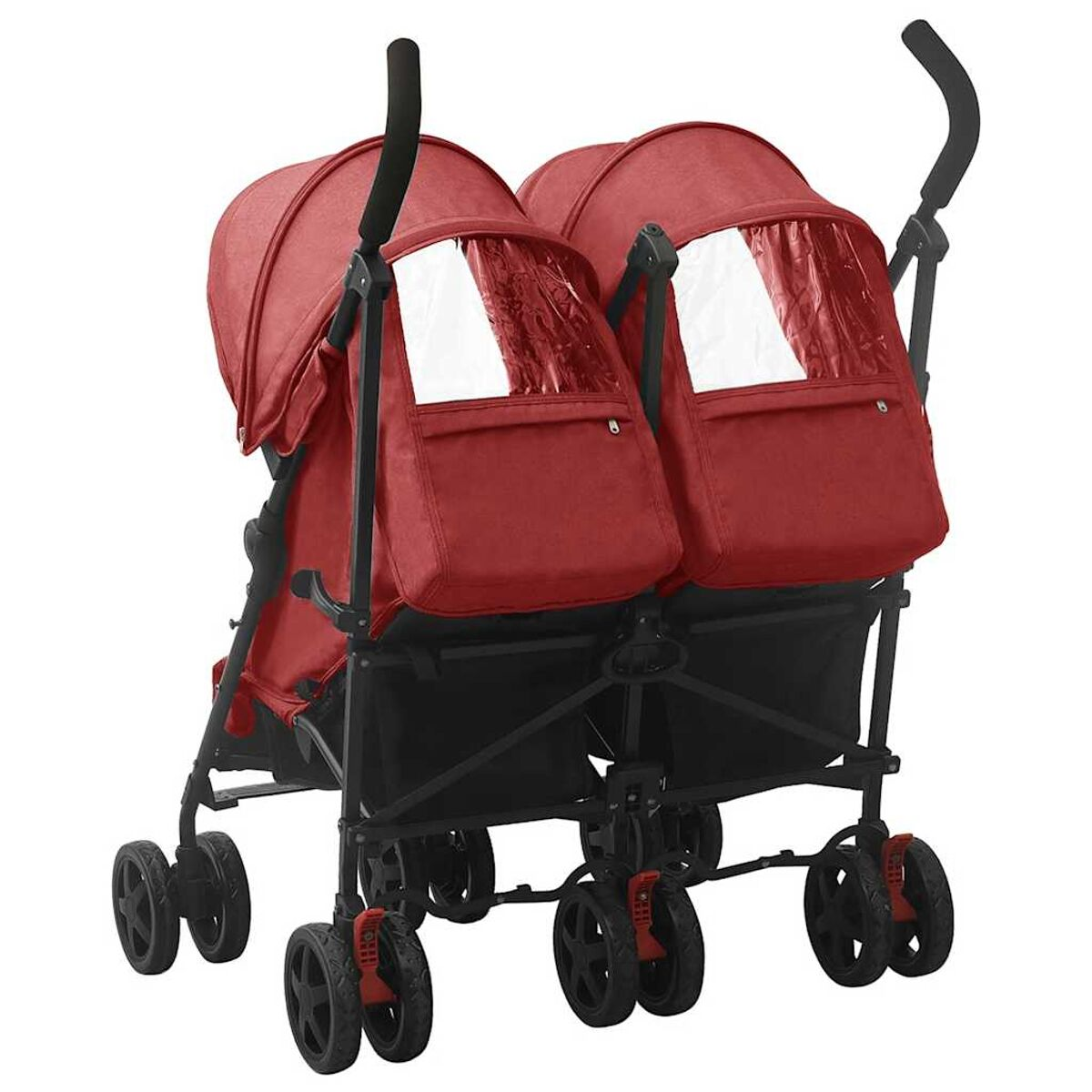 Ein roter Zwillingskinderwagen mit schwarzem Rahmen, Rädern und Griffen. Er hat zwei Sitze mit Verdecken und klaren Plastikfenstern.