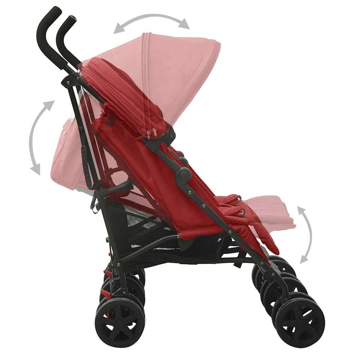 Ein roter Kinderwagen wird im Profil gezeigt. Pfeile zeigen verstellbare Teile an: Verdeck, Sitz und Griff. Die Räder sind schwarz. Der Hintergrund ist weiß.
