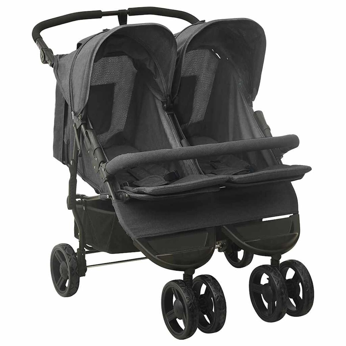 Ein grauer Zwillingskinderwagen. Er hat zwei Sitze mit Verdecken, eine gemeinsame Stange und vier Paare schwarzer Räder.