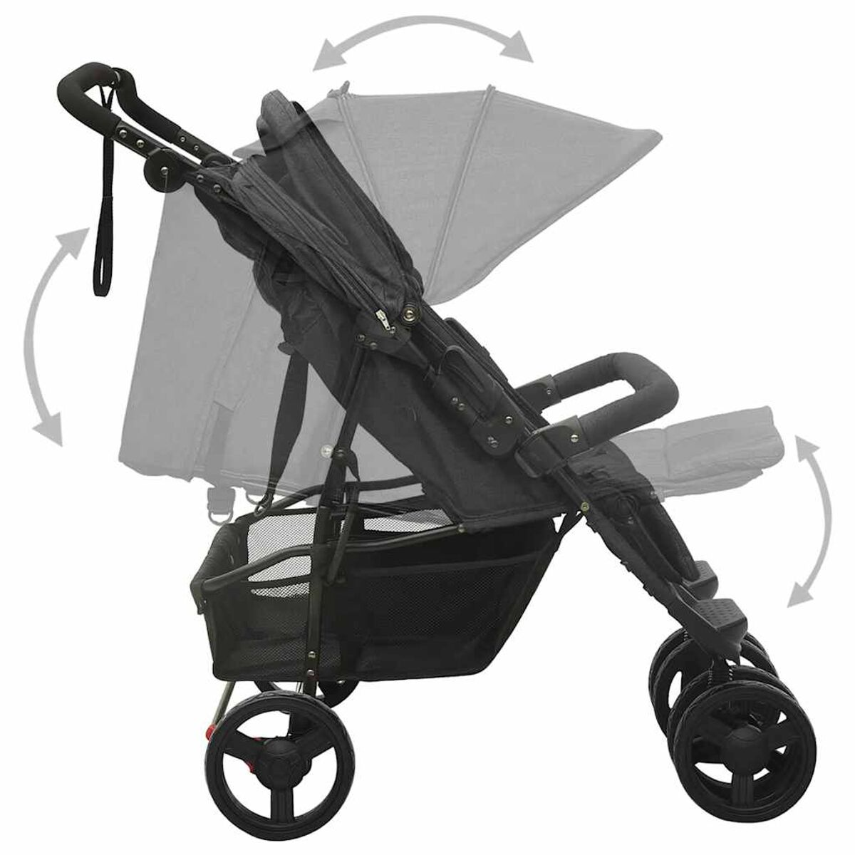 Schwarzer Kinderwagen mit verstellbarem Verdeck, Griff und Rädern. Pfeile zeigen die Verstellrichtungen an. Unter dem Sitz befindet sich ein Korb.