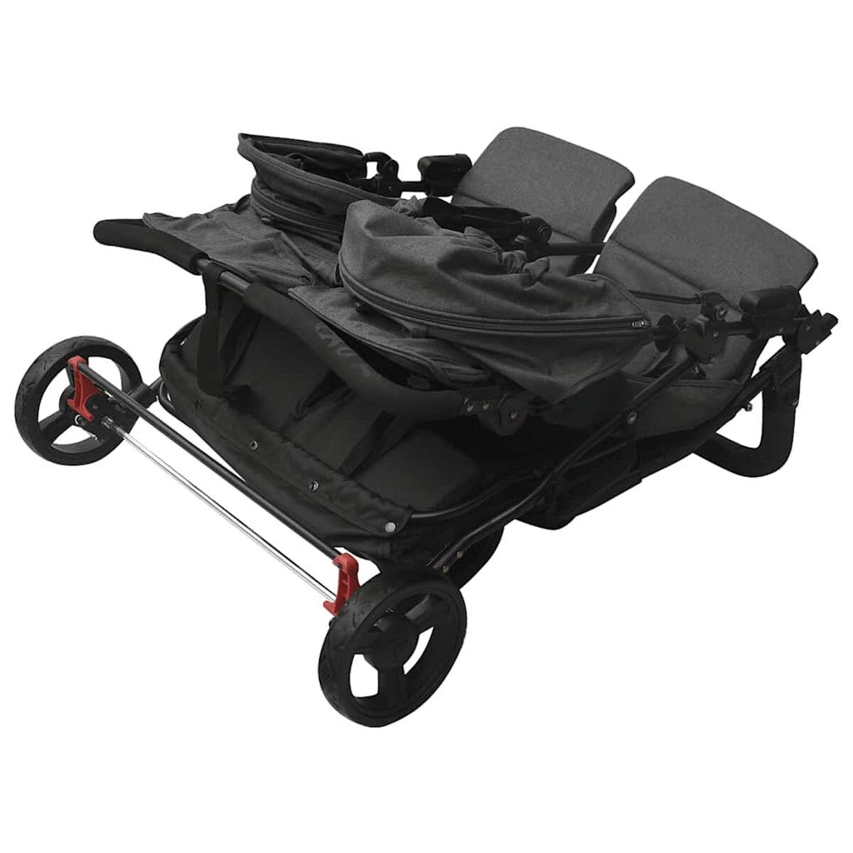 Ein grauer Doppelkinderwagen, zusammengeklappt. Er hat zwei Sitze, eine Aufbewahrungstasche und schwarze Räder mit roten Akzenten. Der Hintergrund ist weiß.