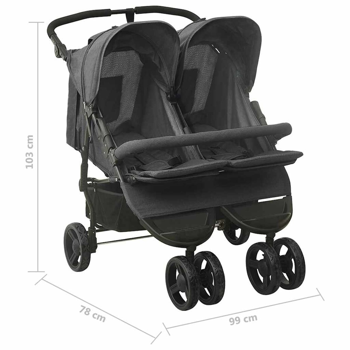 Ein grauer Zwillingskinderwagen, 103 cm hoch, 78 cm breit und 99 cm tief. Er hat zwei Sitze, schwarze Räder und einen Aufbewahrungskorb.