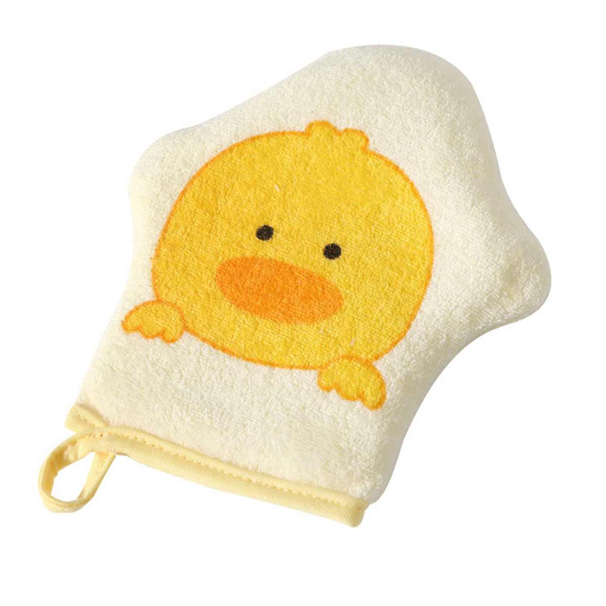 Ein gelber, ente-förmiger Waschlappen mit schwarzen Augen und einem orangenen Schnabel. Mit Schlaufe vor weißem Hintergrund.