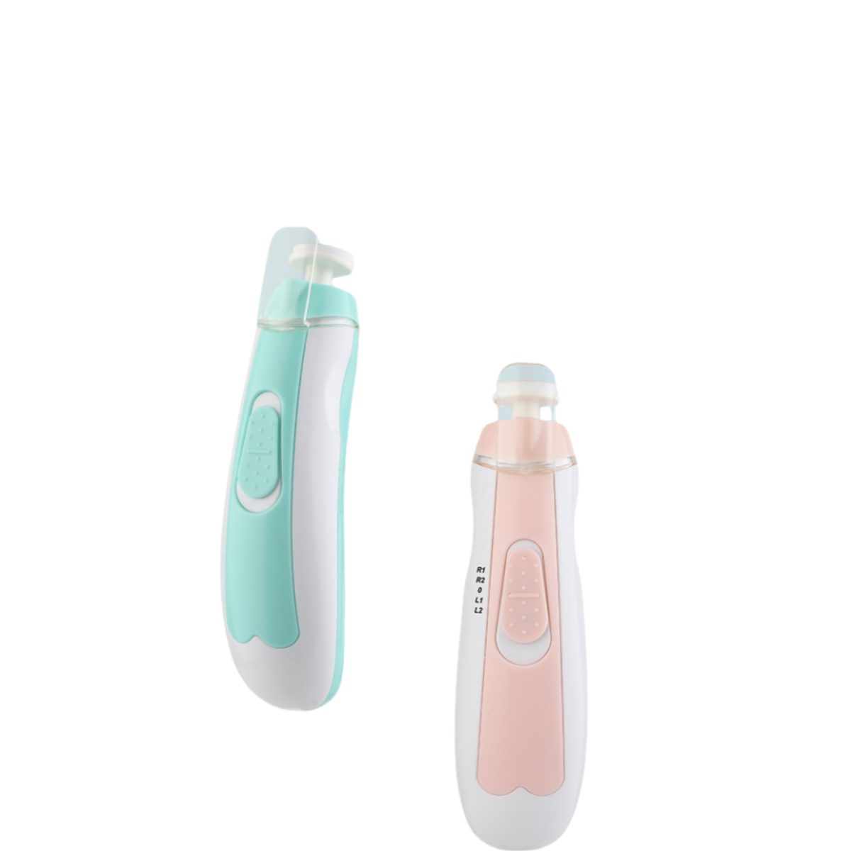 Zwei Baby-Nagelfeilen: eine türkis und weiß, die andere rosa und weiß. Beide haben einen Knopf und einen kleinen Kopf.