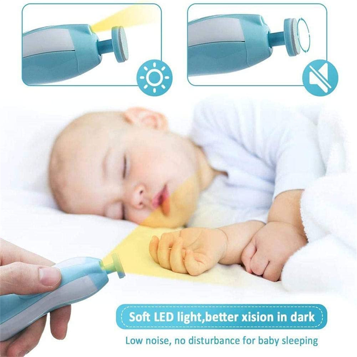 Ein Baby schläft im Bett. Ein Nageltrimmer wird gezeigt. Text sagt: 'Weiches LED-Licht, bessere Sicht im Dunkeln' und 'Geringe Geräuschentwicklung'.