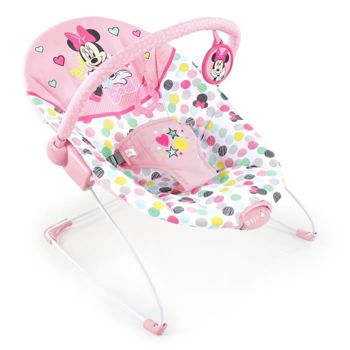 Ein rosa-weißer Babywippe. Verziert mit Minnie Mouse und Punkten. Hat einen Sicherheitsgurt und Spielzeug.