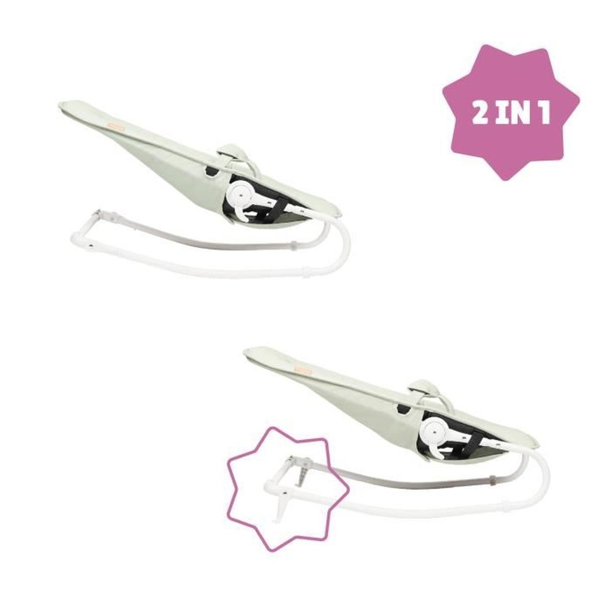 Zwei Babywippen in Hellgrün, jede mit weißem Rahmen. Pinkfarbene Sternausbrüche mit '2 IN 1' und eine Sternform sind vorhanden.