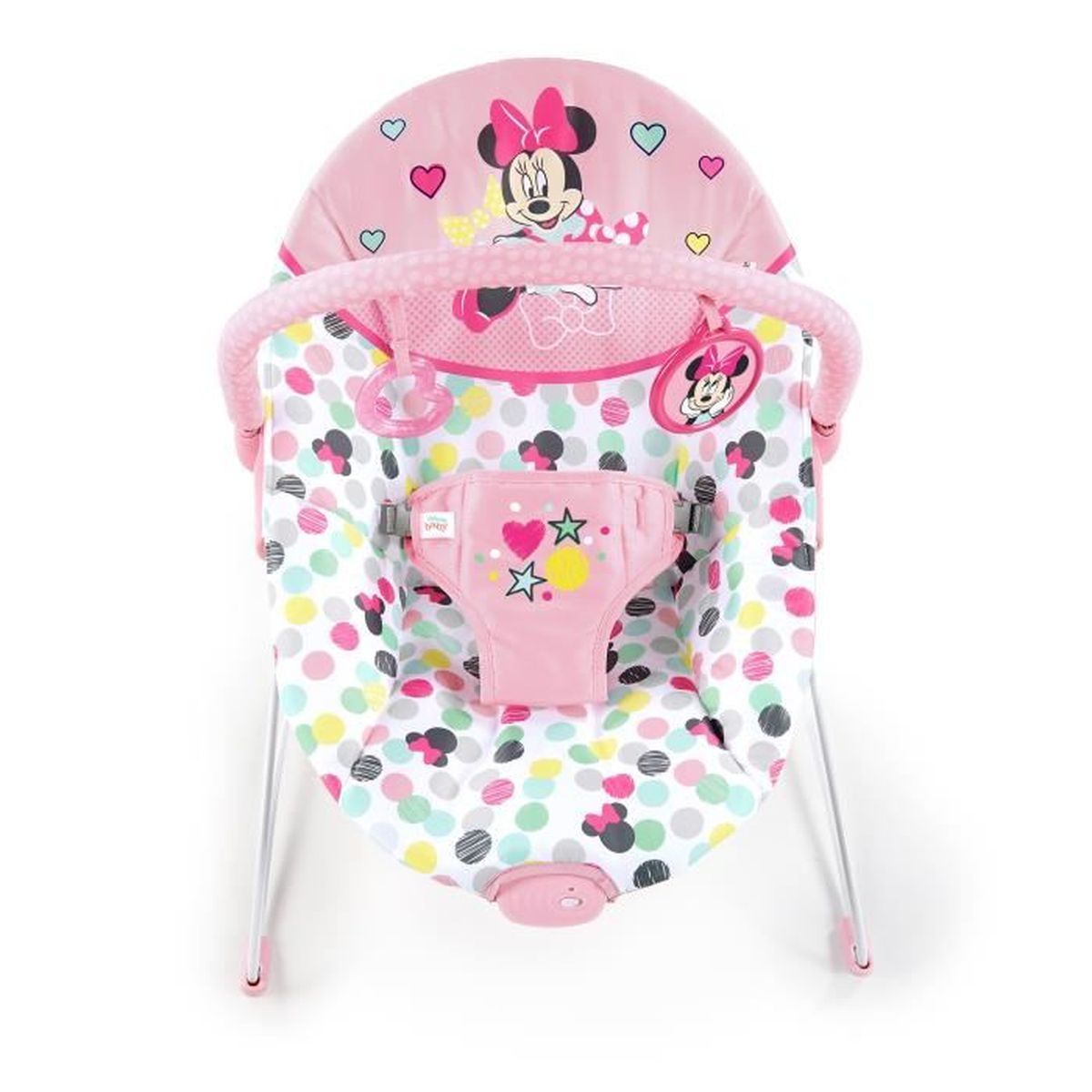 Rosa Babywippe mit Minnie Mouse Design. Es hat Tupfen, Herzen und Sternakzente.