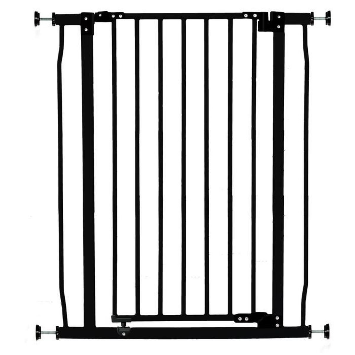 Ein schwarzes Metall-Babytor mit vertikalen Stäben. Es hat horizontale Stäbe oben und unten mit verstellbaren Beschlägen.